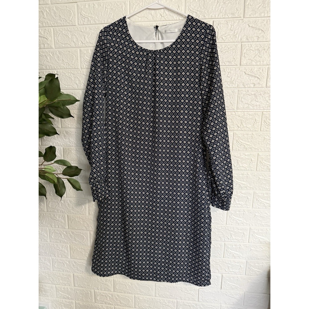 Mikarose Women Blue Geometric Print Long Sleeve Shift Dress Size M Pockets